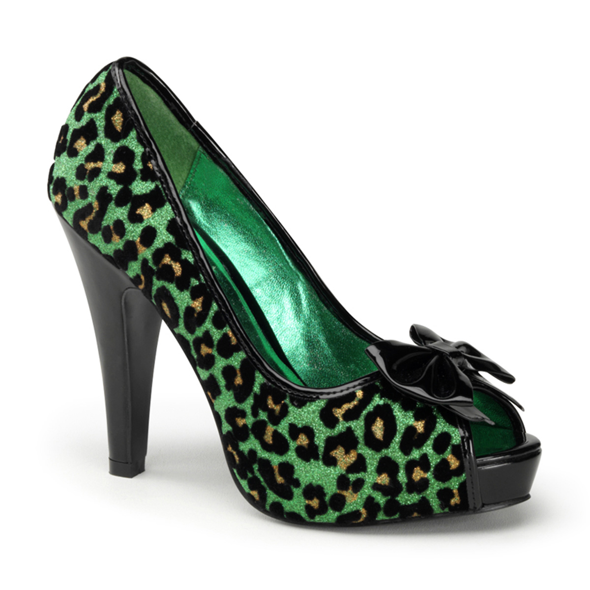 PINUP COUTURE BETTIE-12 4 1/2" Heel, 1" Hidden P/F Open Toe Pump W/ Bow Accent Green Gltr (Cheetah Print)