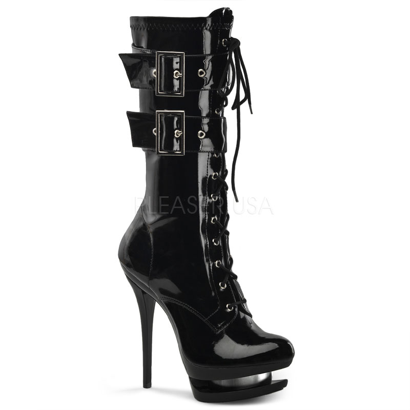 PLEASER BLONDIE-1024 6" Stiletto Heel, 1 1/2" Dual PF Mid Calf Lace Up Boot Blk Str Pat/Blk-Pewter Chrome