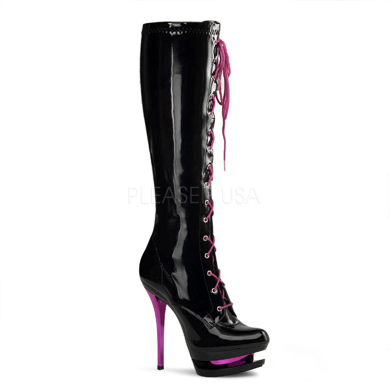 PLEASER BLONDIE-2021 6" Stiletto Heel, 1 1/2" Dual PF Lace Up Knee Boot Blk Str Pat/Blk-Fuchsia Chrome