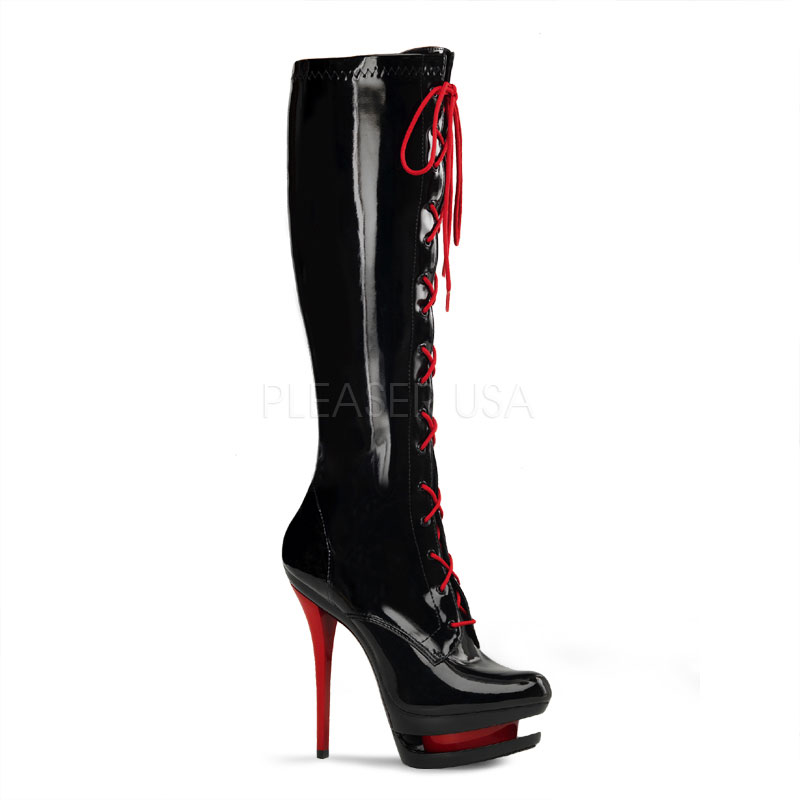 PLEASER BLONDIE-2021 6" Stiletto Heel, 1 1/2" Dual PF Lace Up Knee Boot Blk Str Pat/Blk-Red