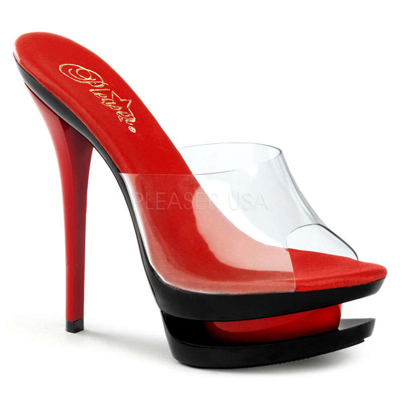 PLEASER BLONDIE-601 6" Stiletto Heel, 1 1/2" Dual PF Slide Clr/Blk-Red