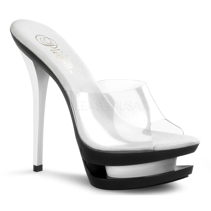 PLEASER BLONDIE-601 6" Stiletto Heel, 1 1/2" Dual PF Slide Clr/Blk-Wht