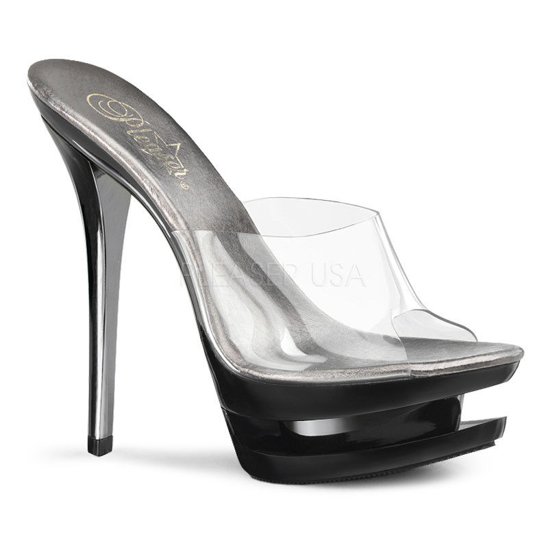 PLEASER BLONDIE-601CH 6" Stiletto Heel, 1 1/2" Dual PF Slide Clr/Pewter Chrome