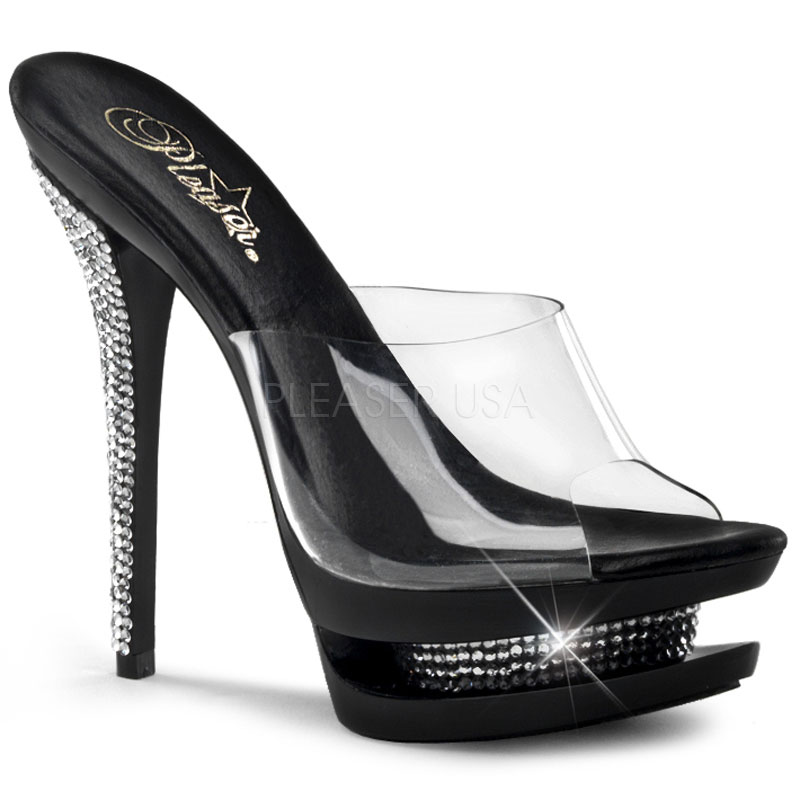 PLEASER BLONDIE-601RS 6" Stiletto Heel, 1 1/2" Dual PF Slide Clr/Blk-Chrome