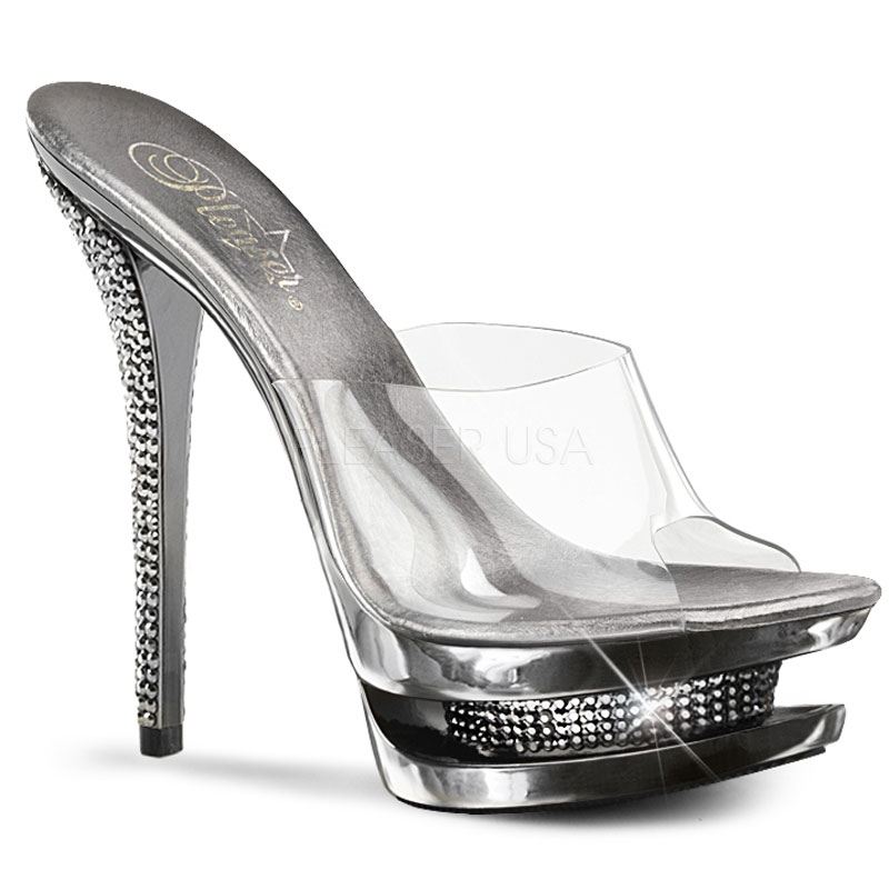 PLEASER BLONDIE-601RS 6" Stiletto Heel, 1 1/2" Dual PF Slide Clr/Pewter Chrome