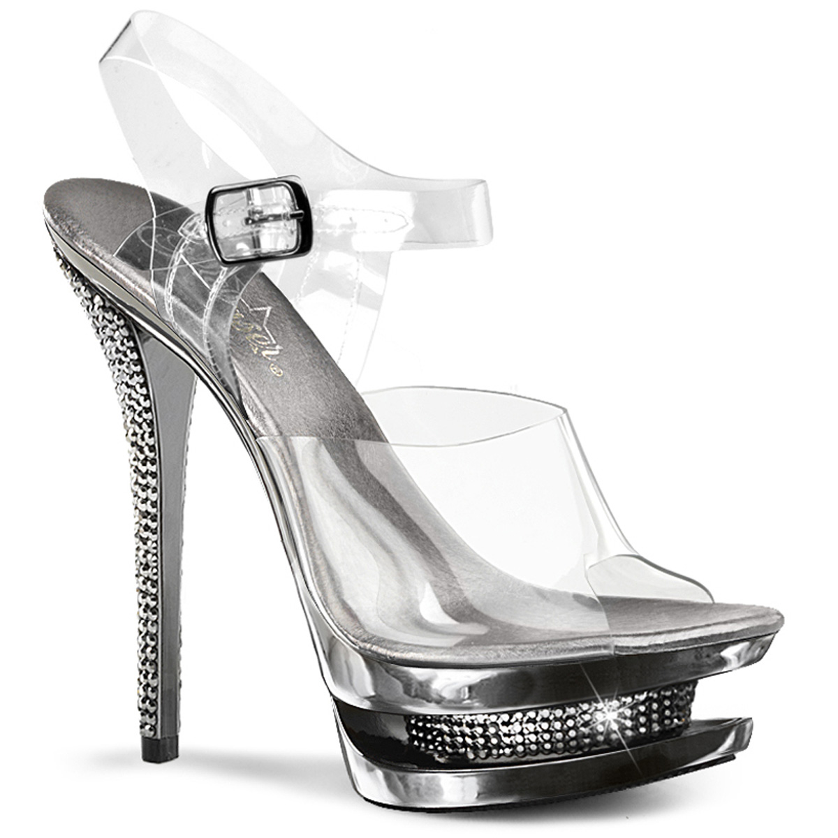 PLEASER BLONDIE-608RS 6" Stiletto Heel, 1 1/2" Dual PF Ankle Strap Sandal Clr/Pewter Chrome