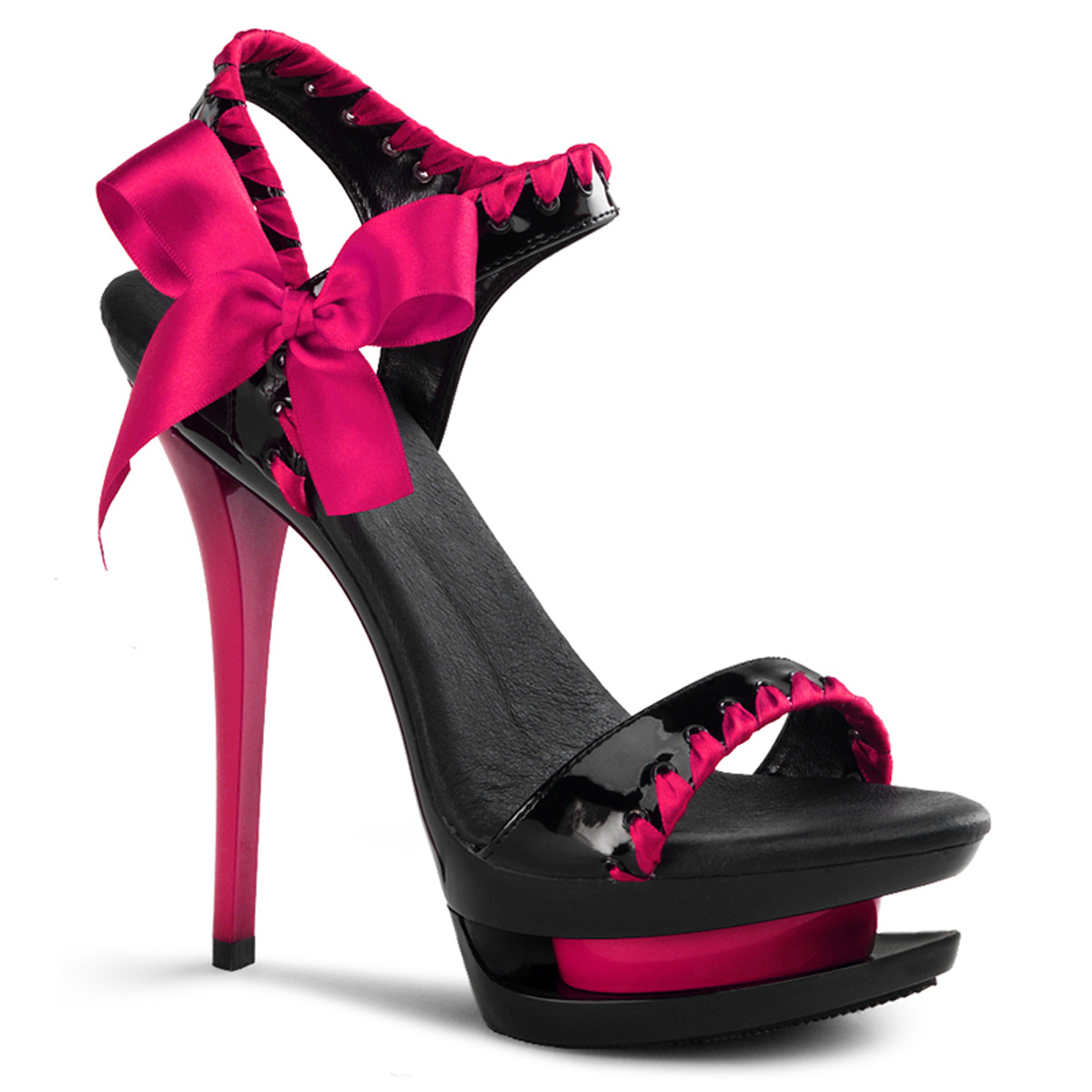 PLEASER BLONDIE-615 6" Stiletto Heel, 1 1/2" Dual PF Two-Tone Sandal Blk Pat-Fuchsia/Blk-Fuchsia