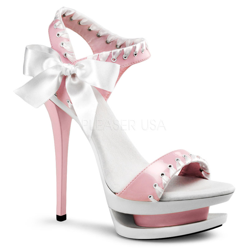 PLEASER BLONDIE-615 6" Stiletto Heel, 1 1/2" Dual PF Two-Tone Sandal B. Pink Pat-Wht/Wht-B. Pink