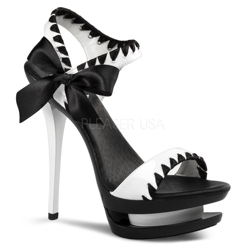 PLEASER BLONDIE-615 6" Stiletto Heel, 1 1/2" Dual PF Two-Tone Sandal Wht Pat-Blk/Blk-Wht