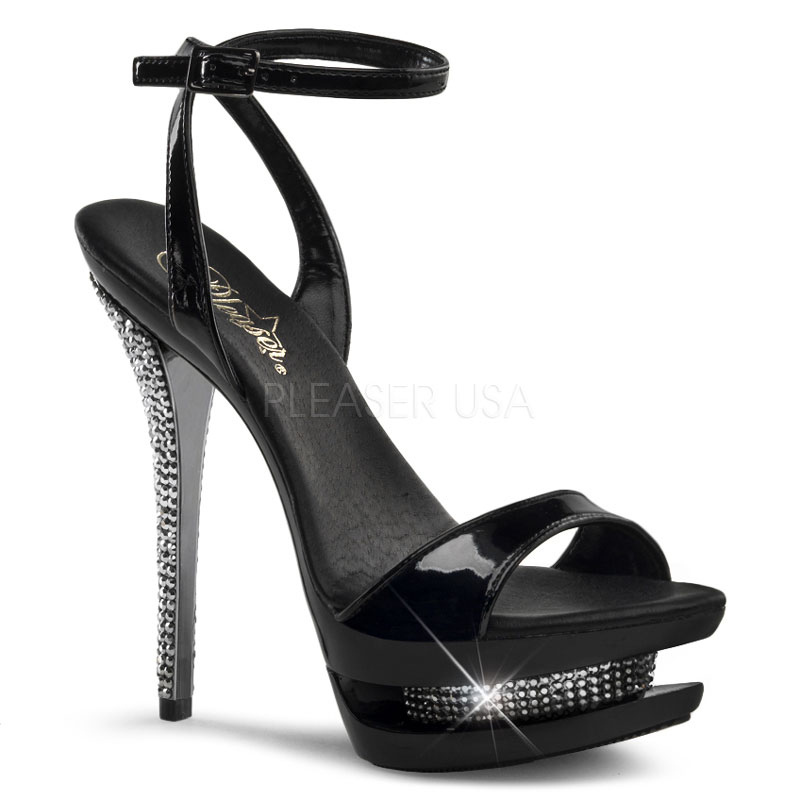 PLEASER BLONDIE-631-3 6" Stiletto Heel, 1 1/2" Dual PF Wrap Around Sandal Blk Pat/Blk-Pewter Chrome