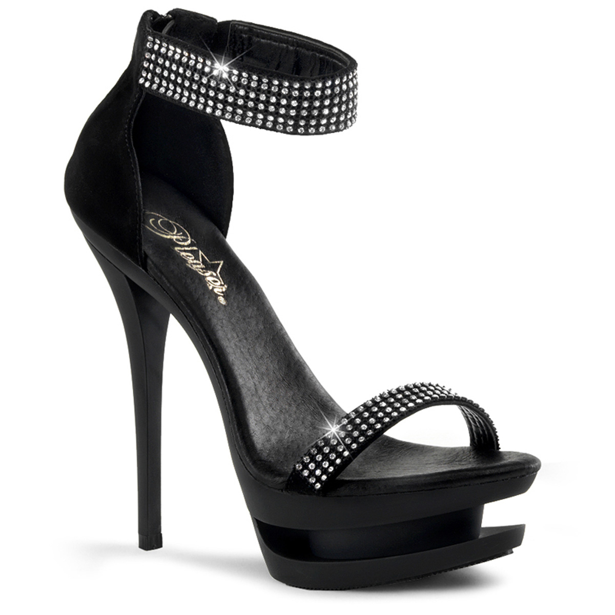 PLEASER BLONDIE-640 6" Heel, 1 1/2" Dual PF Close-Back Ankle Strap Sandal Blk Nubuck/Blk Matte