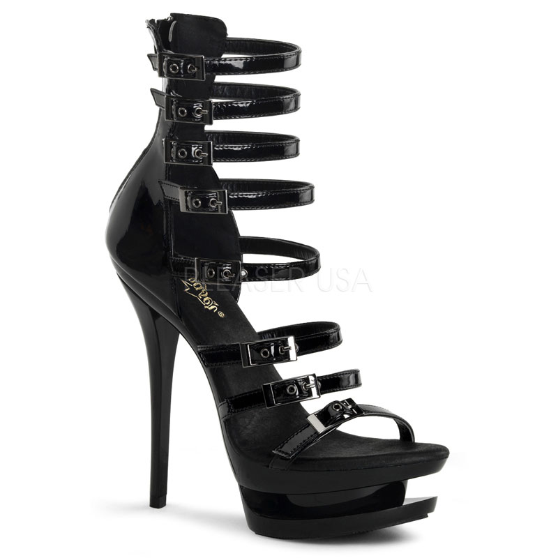 PLEASER BLONDIE-647 6" Heel, 1 1/2" Dual PF Strappy Close-Back Sandal, Back Zip Blk Pat/Blk