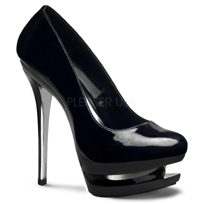 PLEASER BLONDIE-685 6" Stiletto Heel, 1 1/2" Dual PF Two-Tone Pump Blk Pat/Blk-Pewter Chrome