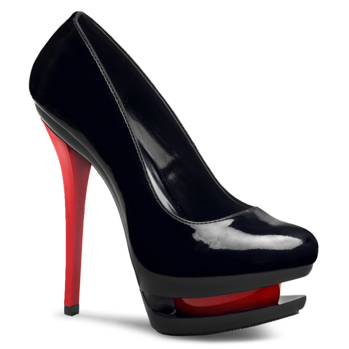 PLEASER BLONDIE-685 6" Stiletto Heel, 1 1/2" Dual PF Two-Tone Pump Blk Pat/Blk-Red