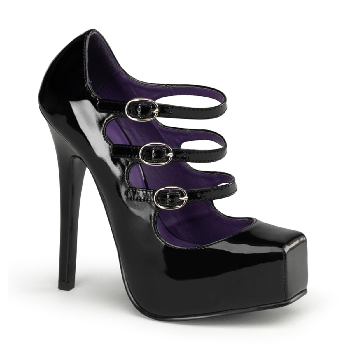 DEVIOUS BONDAGE-03 5 1/2" Heel, 1" Hidden P/F Square Toe 3 Strap Mary Jane Pump Blk Pat