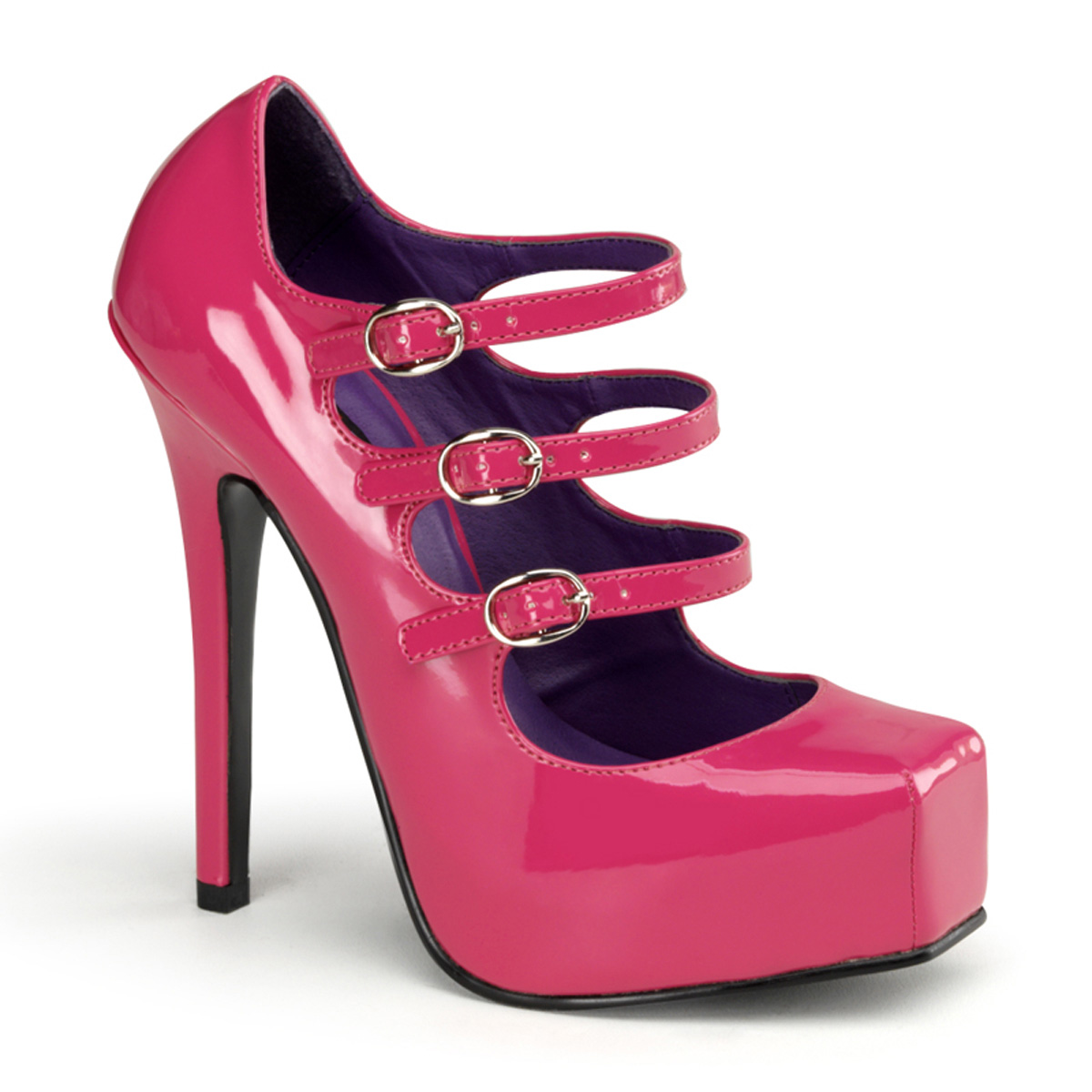 DEVIOUS BONDAGE-03 5 1/2" Heel, 1" Hidden P/F Square Toe 3 Strap Mary Jane Pump H. Pink Pat