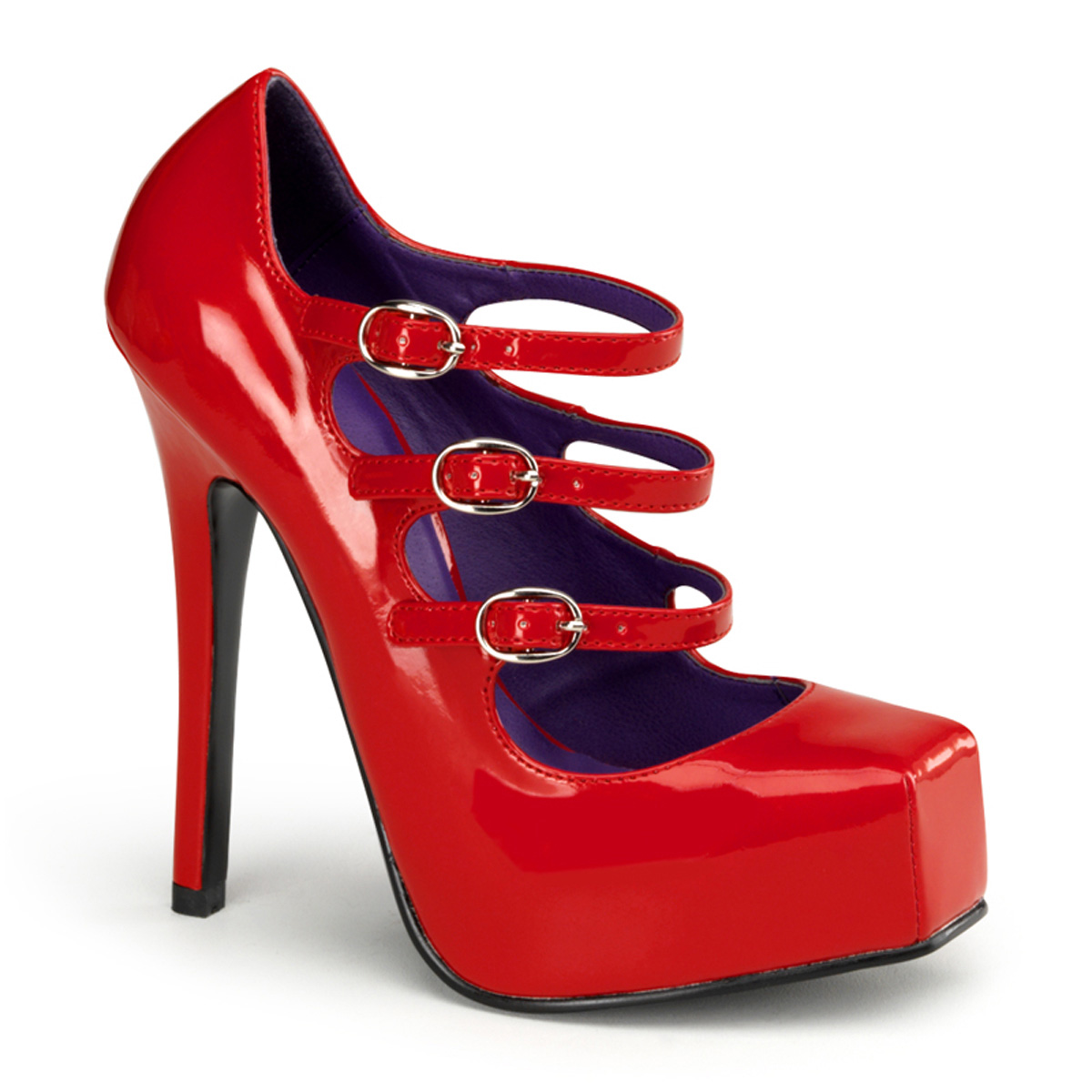 DEVIOUS BONDAGE-03 5 1/2" Heel, 1" Hidden P/F Square Toe 3 Strap Mary Jane Pump Red Pat
