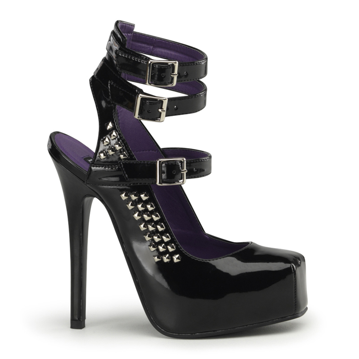 DEVIOUS BONDAGE-04 5 1/2" Stiletto Heel, 1" Hidden Platform Triple Ankle Strap Blk Pat