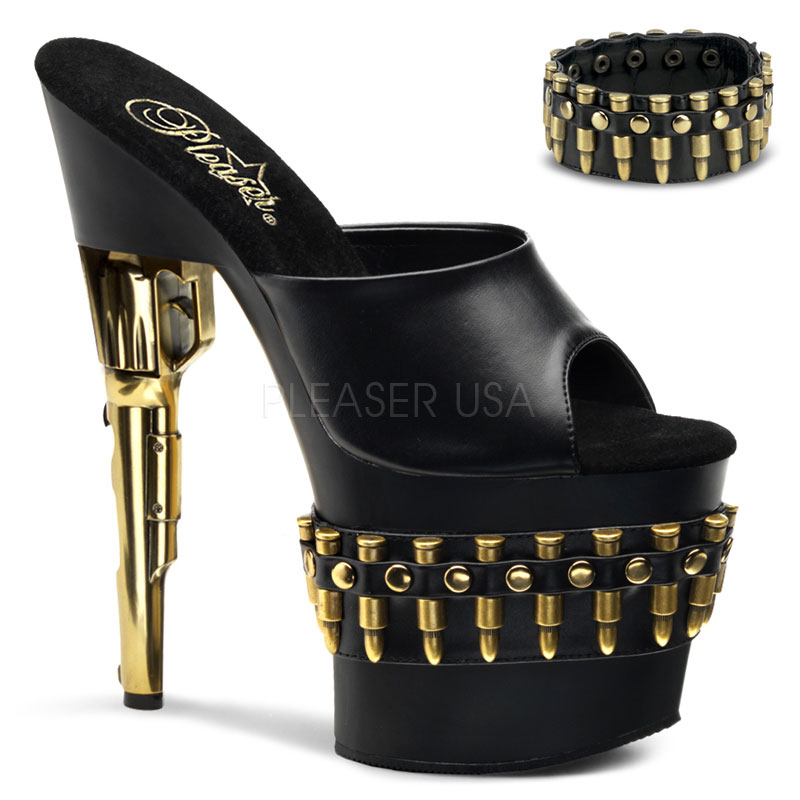PLEASER BONDGIRL-701-3 7 1/2" Gun Heel W/Detached Ankle Strap Blk Pu/Gold