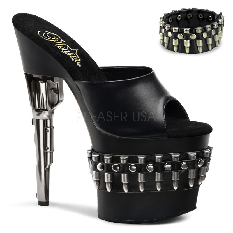 PLEASER BONDGIRL-701-3 7 1/2" Gun Heel W/Detached Ankle Strap Blk Pu/Gunmetal