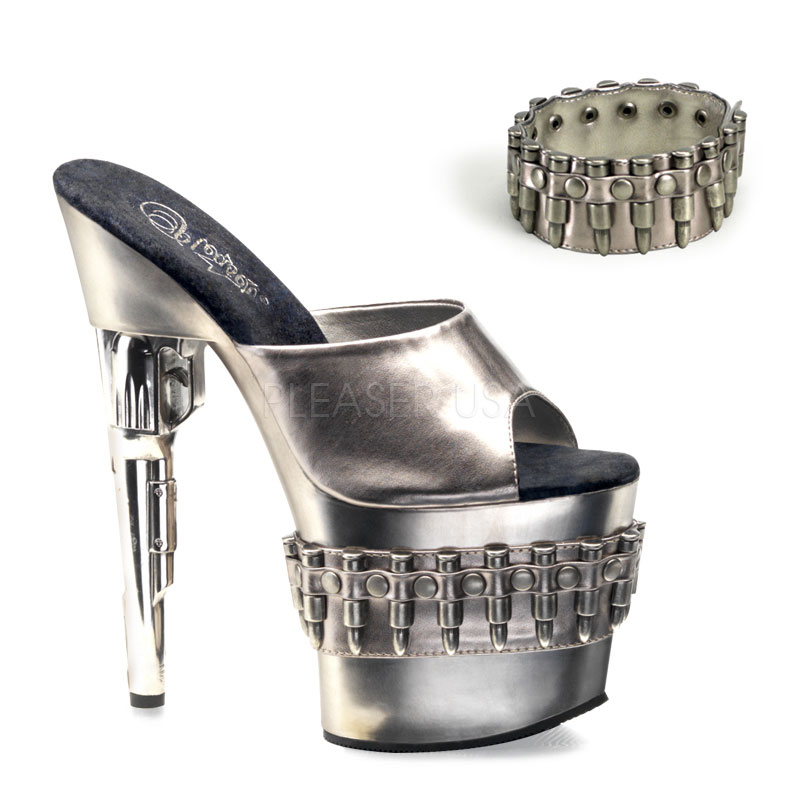 PLEASER BONDGIRL-701-3 7 1/2" Gun Heel W/Detached Ankle Strap Pewter/Pewter