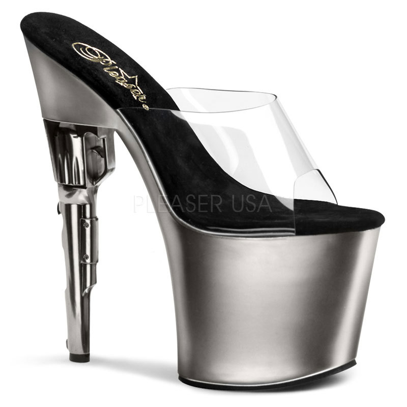 PLEASER BONDGIRL-701 7 1/2" Gun Heel Platform Slide Clr/Pewter