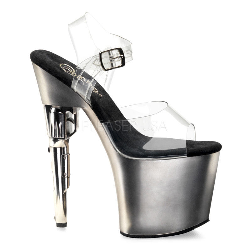 PLEASER BONDGIRL-708 7 1/2" Gun Heel Ankle Strap Platform Sandal Clr/Pewter