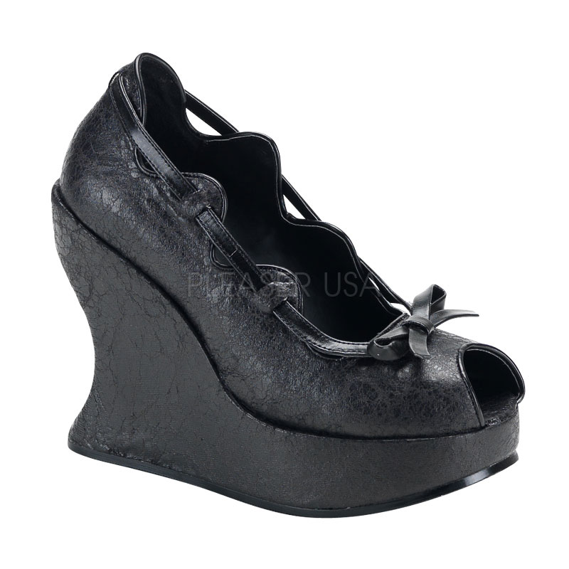 DEMONIA BRAVO-06 5" Wedge Peep Toe Pump Blk Turtle Pu