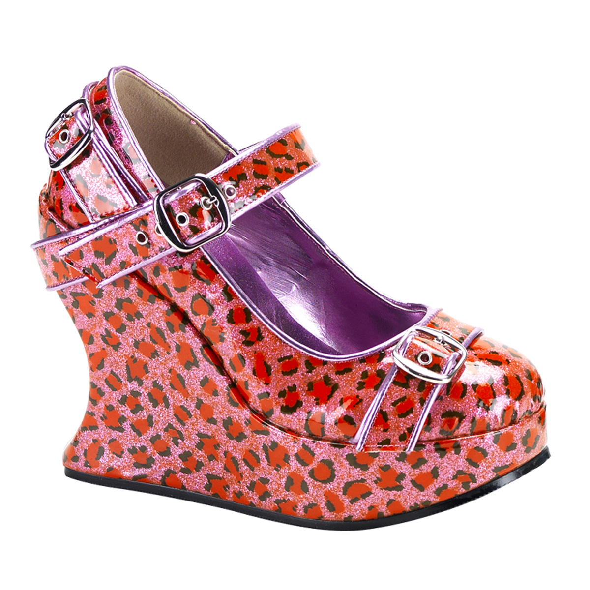 DEMONIA BRAVO-10 5" Wedge Bondage Strapped Maryjane Upper/Pink Pearlized Cheetah Gltr Pat
