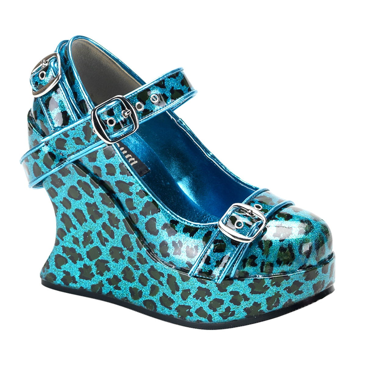 DEMONIA BRAVO-10 5" Wedge Bondage Strapped Maryjane Upper/Turquoise Pearlized Cheetah Gltr Pat