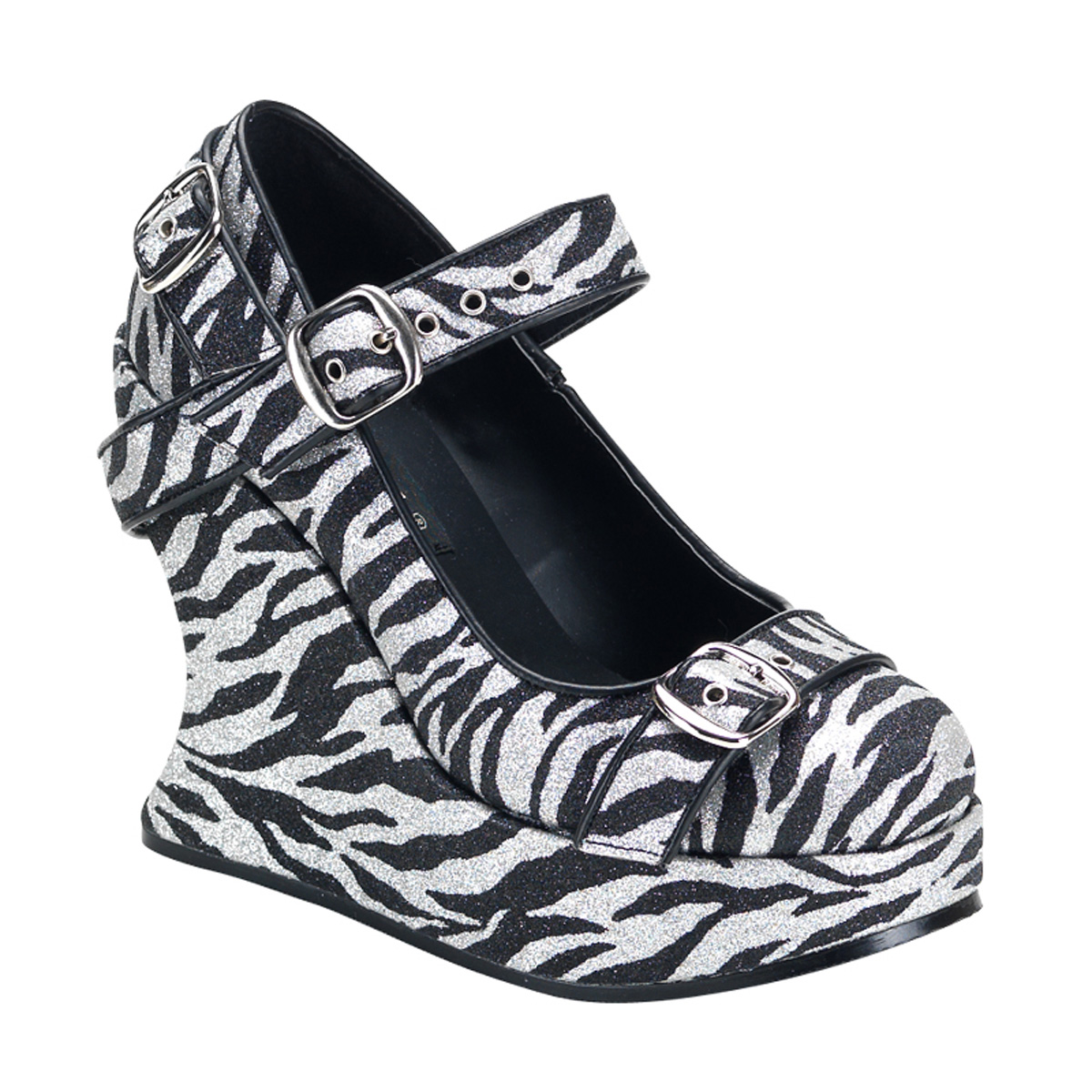 DEMONIA BRAVO-10G 5" Wedge Bondage Strapped Maryjane Upper Zebra Gltr