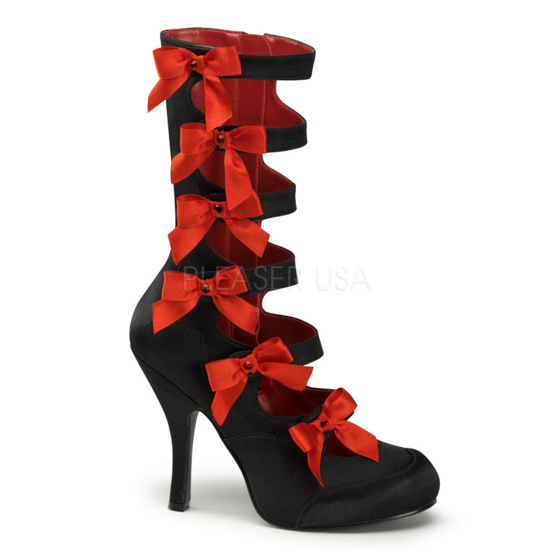 FUNTASMA BURLESQUE-129 4 1/2" Heel, 3/4" Hidden P/F 6 Velcro Strap Calf Boot Blk Satin-Red Bows