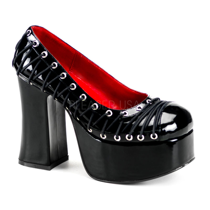 DEMONIA CHARADE-07 4 1/2" Corseted Platform Pum Blk Pat