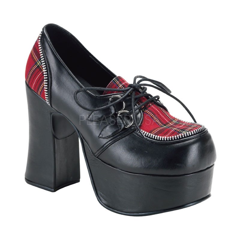DEMONIA CHARADE-12 4 1/2" Blk Pu/Red PlaidedD-Ring Laceup M/J Sho Blk Pu-Red Plaid