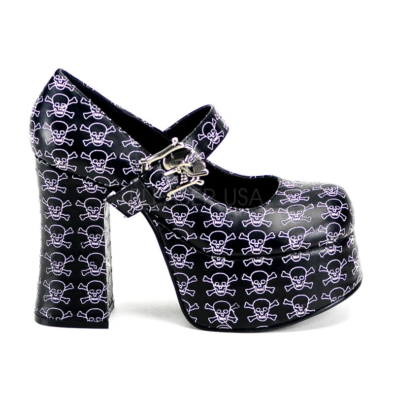 DEMONIA CHARADE-17 Upper Features Skull & Cross Bones Embroider Blk Pu