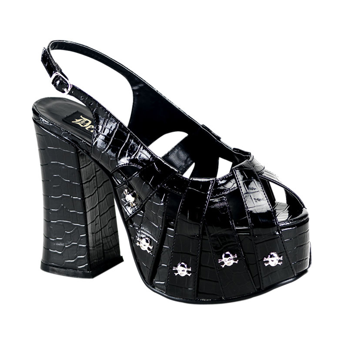 DEMONIA CHARADE-30 4 1/2" Heel Sling Back P/F Sandal W/Skull Studs Blk Croc Pat