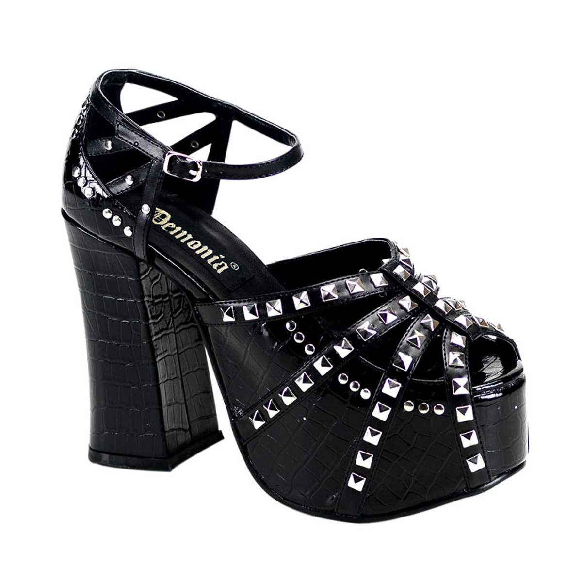 DEMONIA CHARADE-31 P/F Sandal W/Adjustable Buckle Ankle Strap, Blk Croc Pat