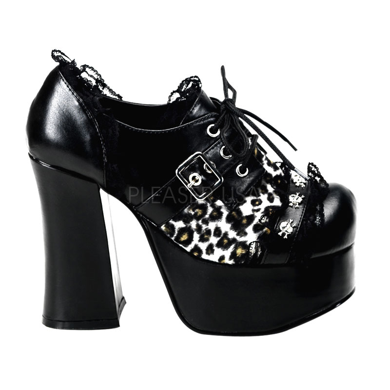 DEMONIA CHARADE-34 4 1/2" Heel Oxford W/ Skull Studding & Lace Trim Blk Pu-Cheetah Fur