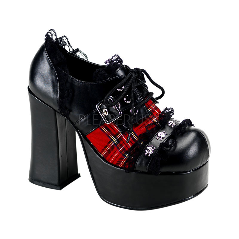 DEMONIA CHARADE-34 4 1/2" Heel Oxford W/ Skull Studding & Lace Trim Blk Pu-Red Plaid