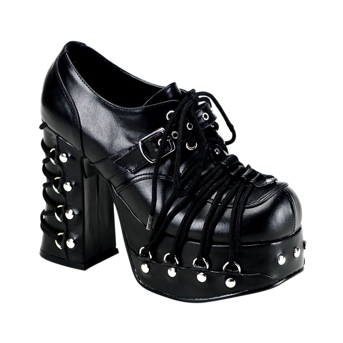 DEMONIA CHARADE-35 4 1/2" Heel W/Corseted D-Ring Lace Up Blk Pu