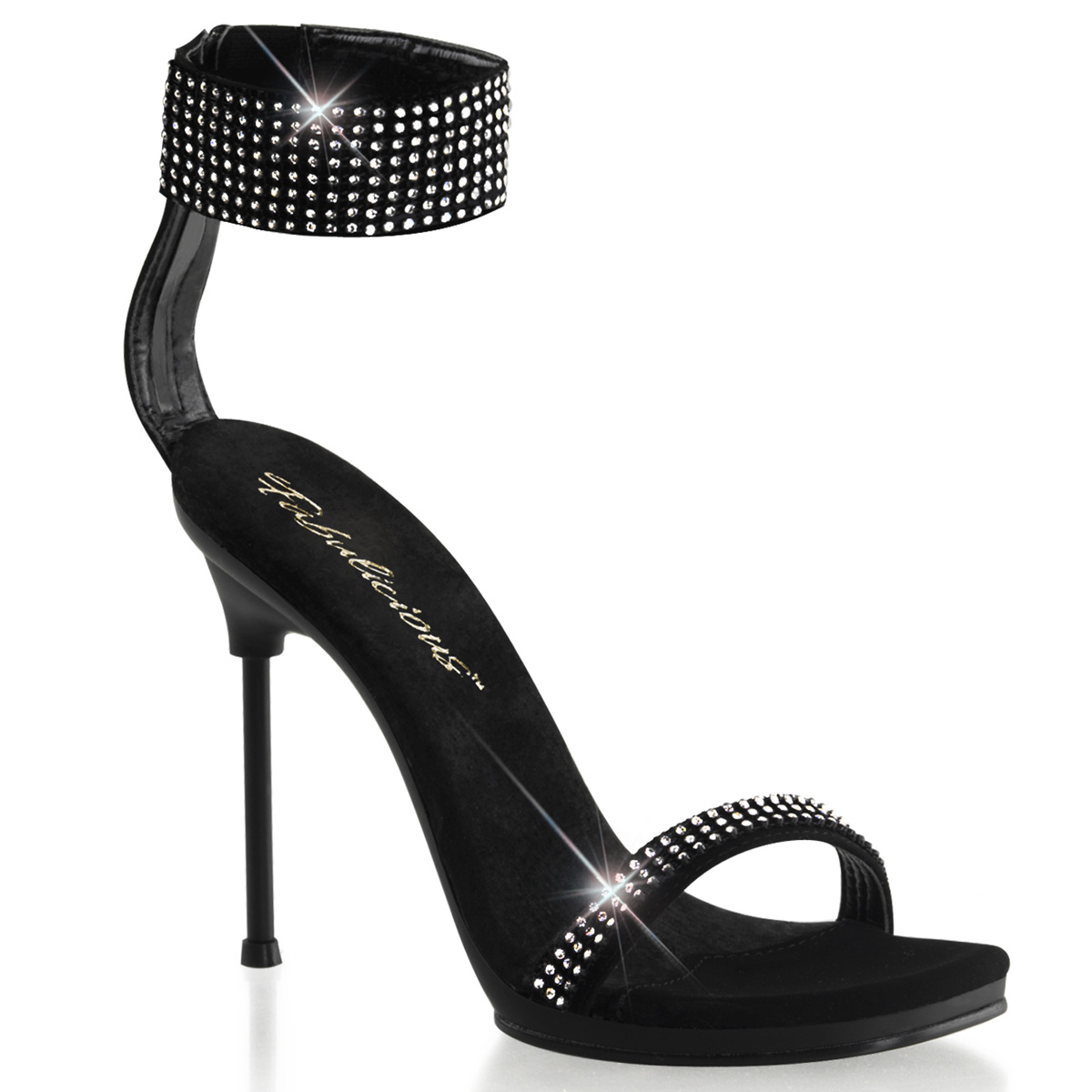 PLEASER CHIC-40 4 1/2" Stiletto Heel Ankle Strap Mini-PF SandalW/RS Blk Nubuck/Blk