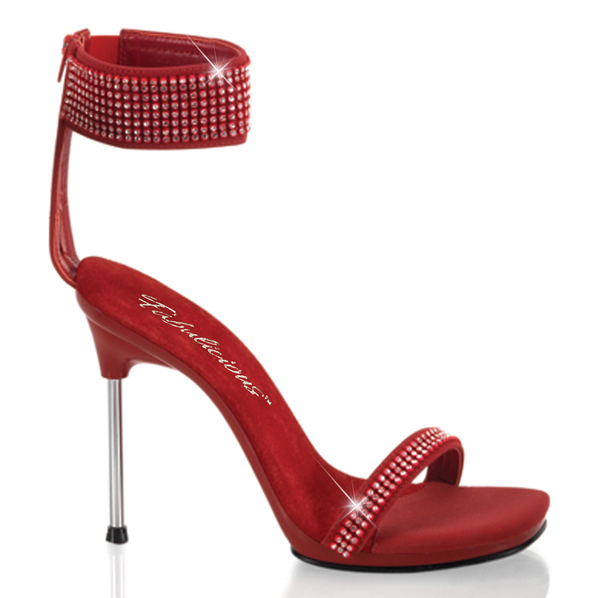 PLEASER CHIC-40 4 1/2" Stiletto Heel Ankle Strap Mini-PF Sandal W/RS Red Nubuck/Red