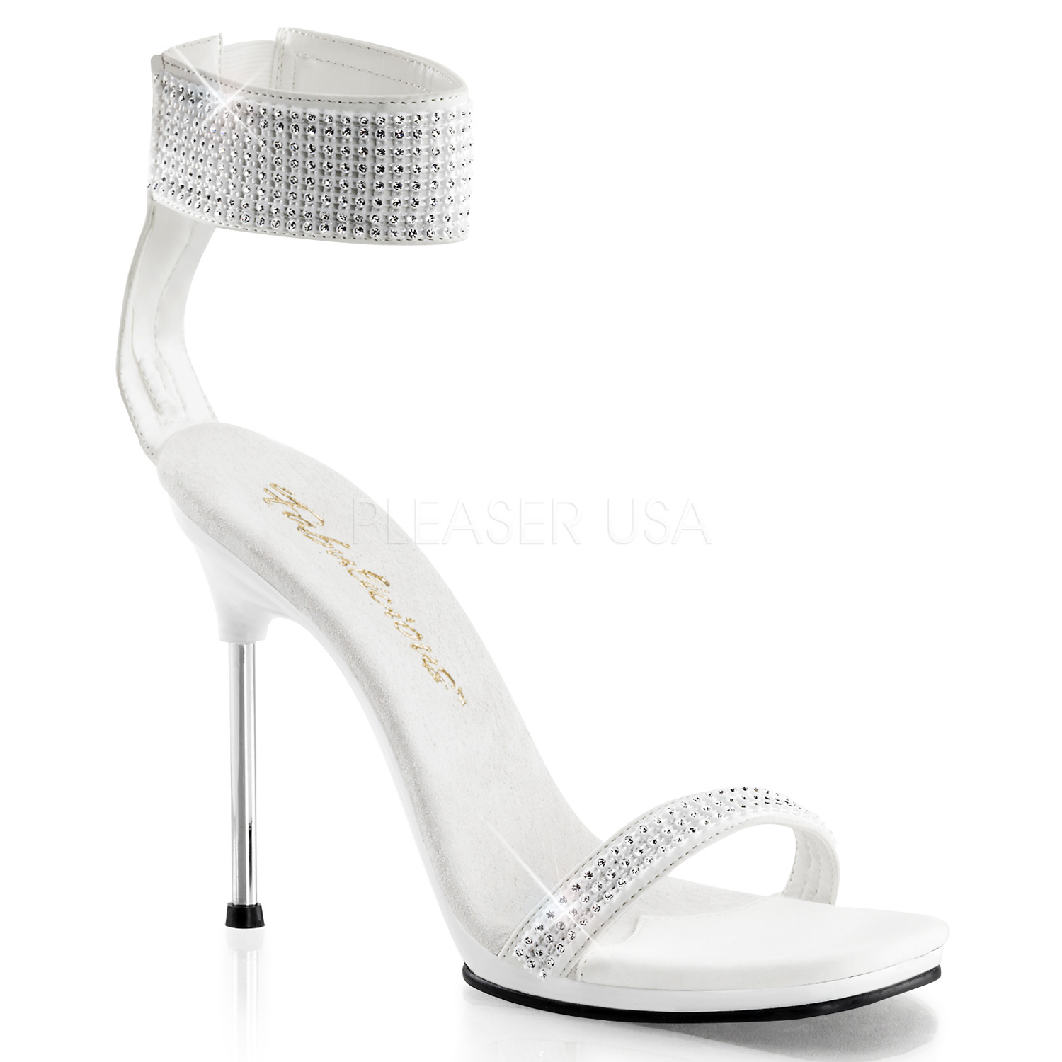 PLEASER CHIC-40 4 1/2" Stiletto Heel Ankle Strap Mini-PF Sandal W/RS Wht Nubuck/Wht
