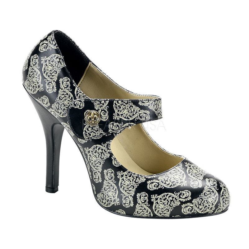 DEMONIA CORDELIA-31 Steampunk Maryjane W/ Filigree Print Blk Pu-Cream