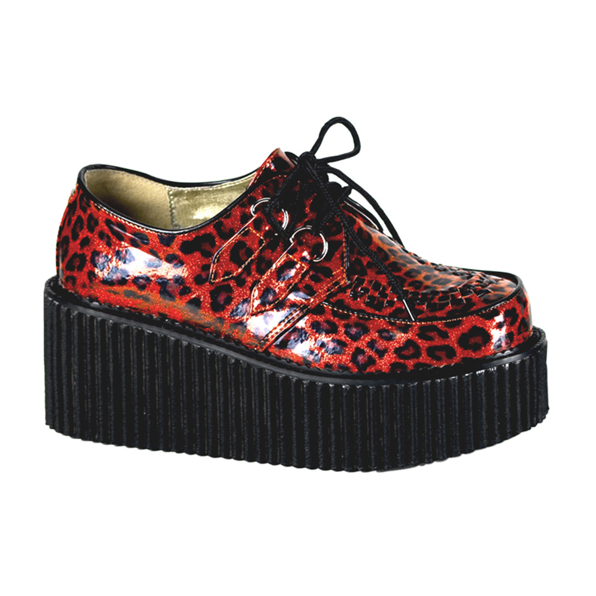 DEMONIA CREEPER-208 3" Creeper Red Cheetah Gltr Pat
