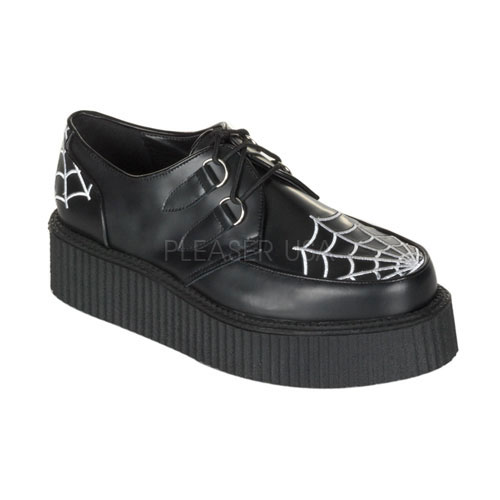 DEMONIA CREEPER-426 2" P/F Embroidere Wht Spider Web Creeper Shoe Blk Leather