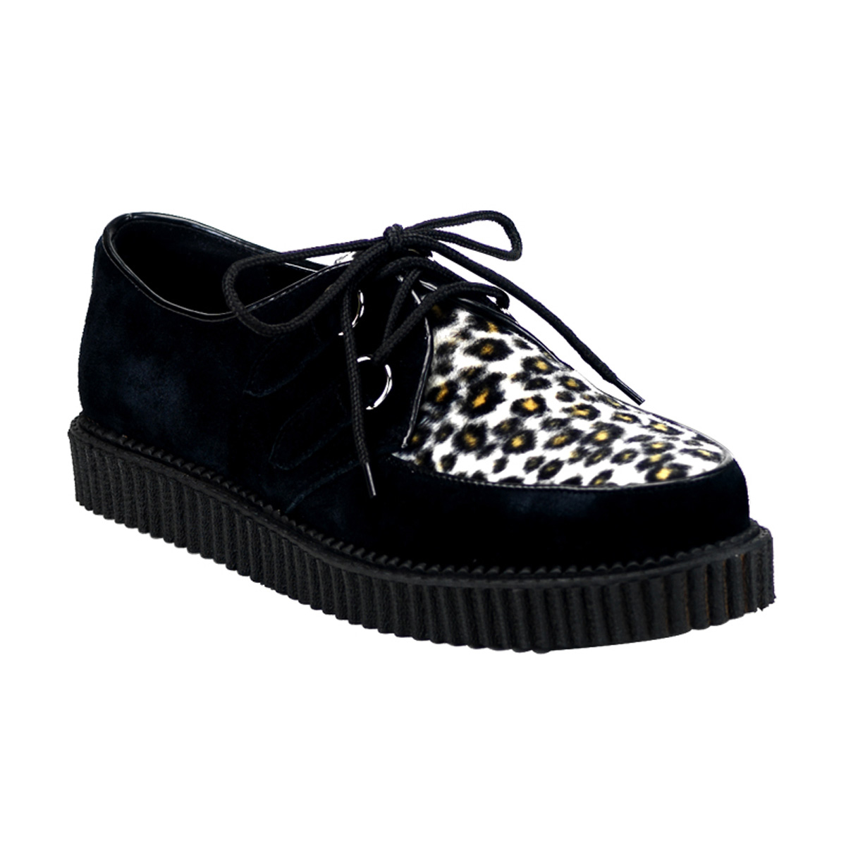 DEMONIA CREEPER-600 1" Creeper Shoe Blk Suede-Cheetah Fur