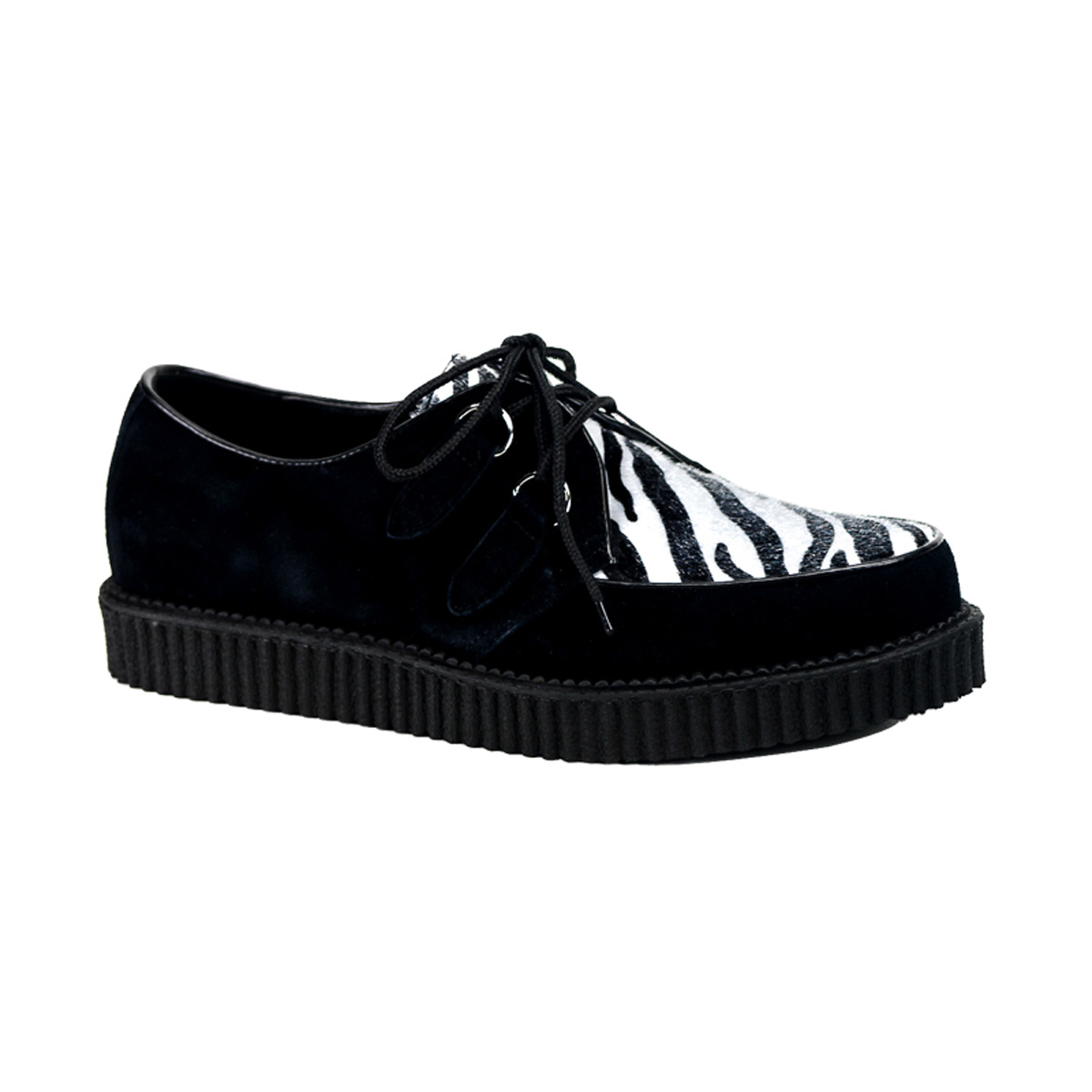 DEMONIA CREEPER-600 1" Creeper Shoe Blk Suede-Zebra Fur