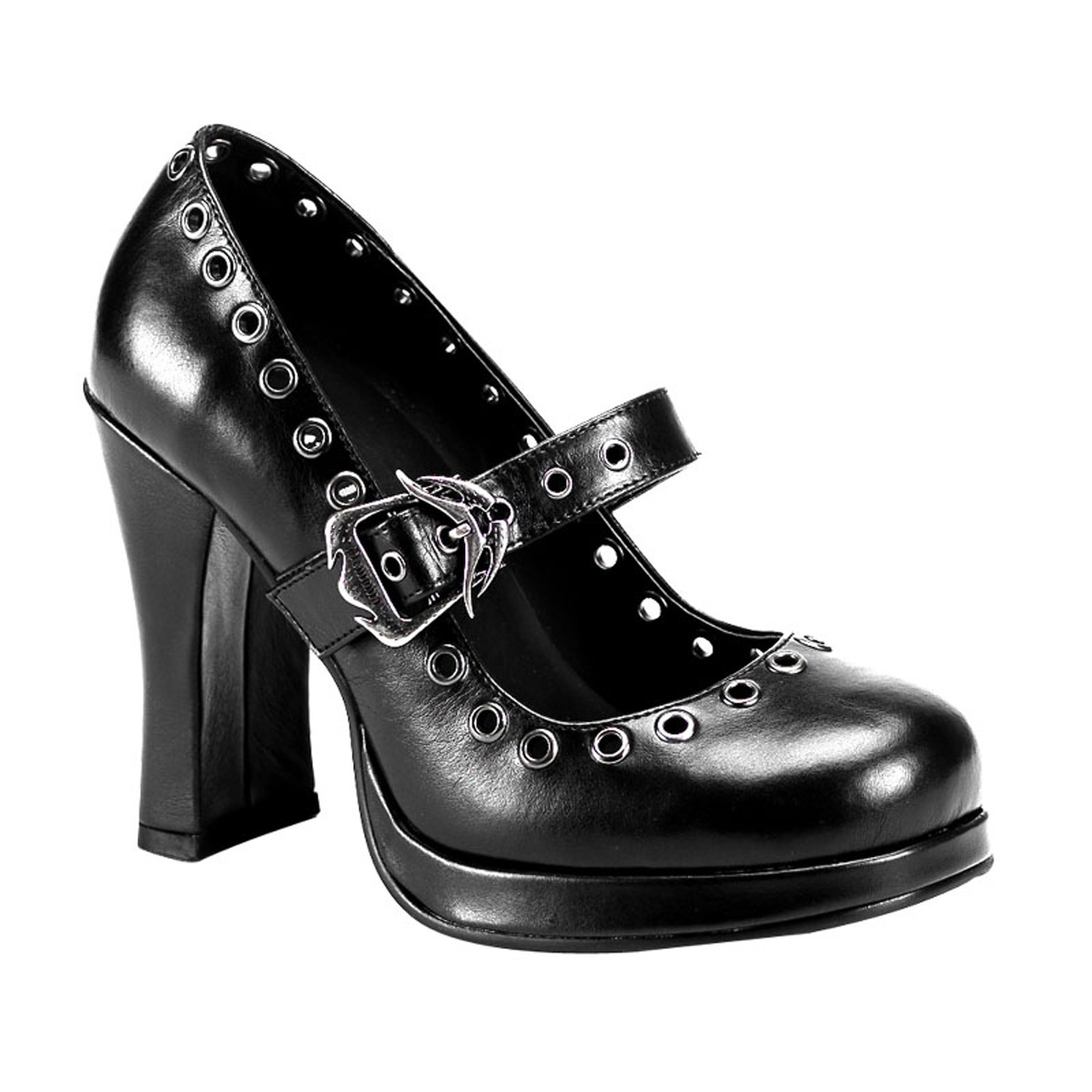 DEMONIA CRYPTO-05 Maryjane Mini P/F W/Adjustable Skull Buckle Strap Blk Pu