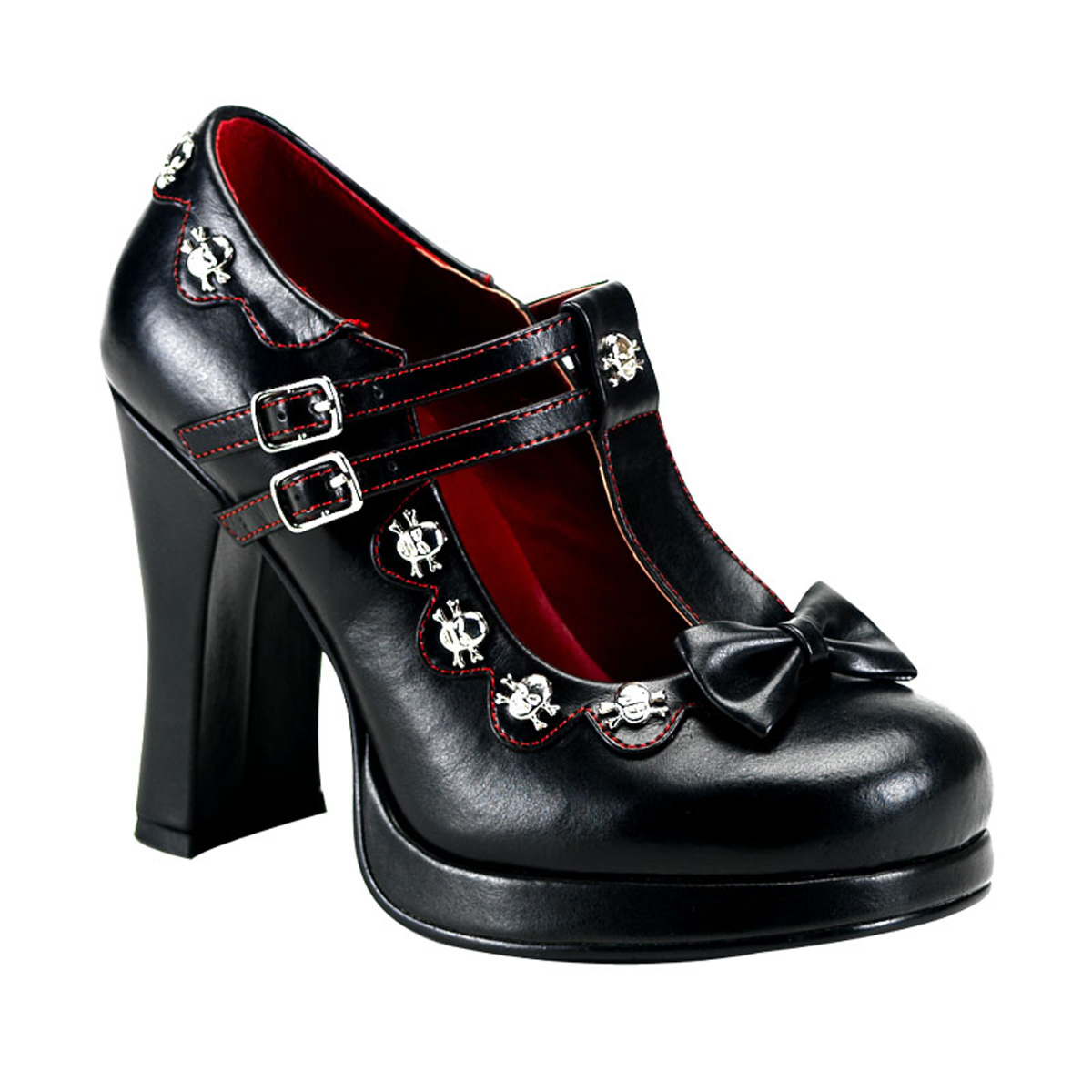 DEMONIA CRYPTO-06 Double T-Strap W/Scalloped Skull Studded Trim Blk Pu
